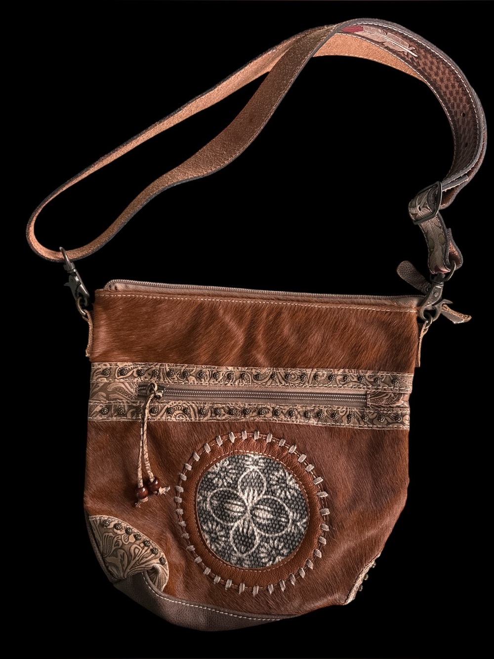 Myra Bag Hair On Cowhide Crossbody Tooled Strap Medallion Brown 12x11.5"